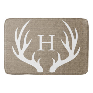 White Silhouetted Deer Antlers Burlap Monogrammed Bath Mat