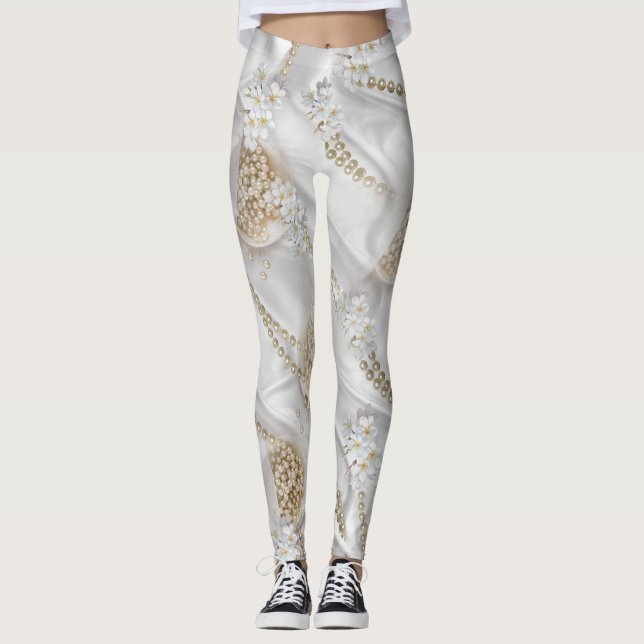 White Silk & Ivory Champaign Pearls Leggings (Front)
