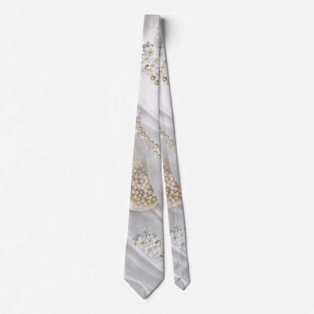 White Silk & Ivory Champaign Pearls Tie (Front)