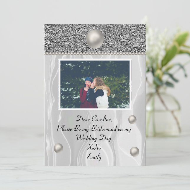 White Silk & Silver Foil with Photo for Bridesmaid Invitation (Standing Front)