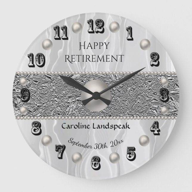 White Silk & White Pearls Happy Retirement  Large Clock (Front)