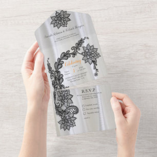 White silk with Black lace All In One Invitation