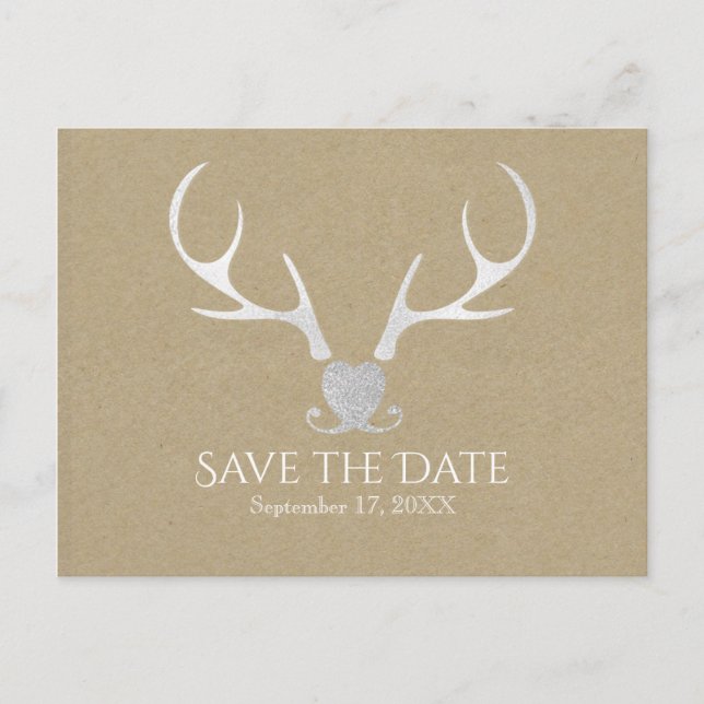 White Silver Antlers & Brow Paper Save The Date Announcement Postcard (Front)
