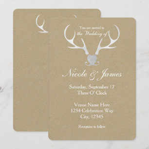 White Silver Antlers & Brown Wedding Invitations