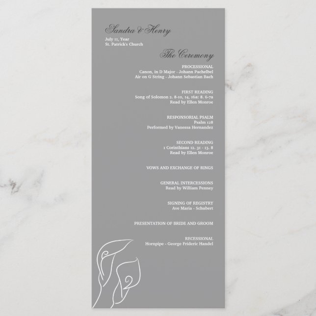 White & Silver Calla Lilies Wedding Program (Front)
