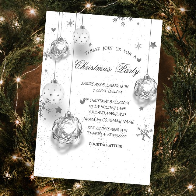 White Silver Christmas Balls Christmas Company  Invitation (Creator Uploaded)