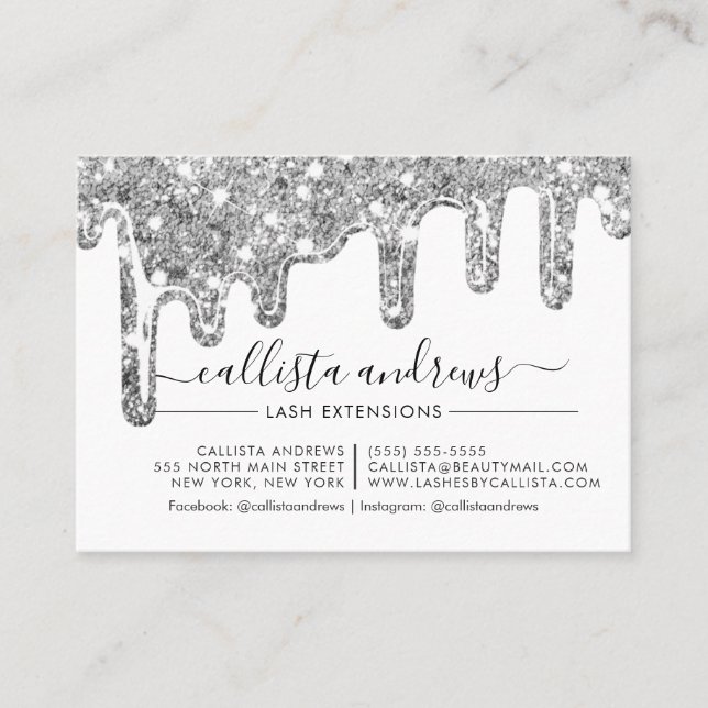 White Silver Chunky Glitter Drips Lashes Aftercare Business Card (Front)