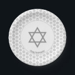 White Silver Customizable | STAR OF DAVID Paper Plate<br><div class="desc">Elegant white STAR OF DAVID Paper Plates, showing with silver grey Magen David in a tiled pattern. At the centre, there is an image of a larger Star of David, which is CUSTOMIZABLE, so you can upload your own image. Underneath, the text reads CHAG SAMEACH. This is also customizable so...</div>