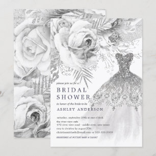 White & Silver Floral Wedding Dress Bridal Shower Invitation