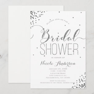 White & Silver Glam Glitter Corners BRIDAL SHOWER Invitation