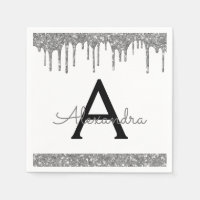 White Silver Glitter Black Monogram Birthday