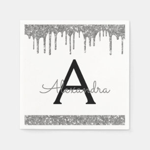 White Silver Glitter Black Monogram Birthday Napkin