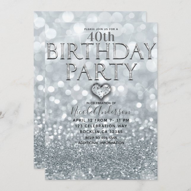 White Silver Glitter Bokeh Glam Birthday Party Invitation (Front/Back)
