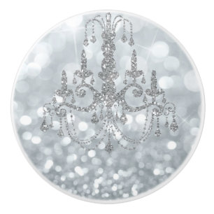 White Silver Glitter Bokeh Glam Chandelier Sparkle Ceramic Knob