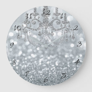 White Silver Glitter Bokeh Glam Chandelier Sparkle Large Clock