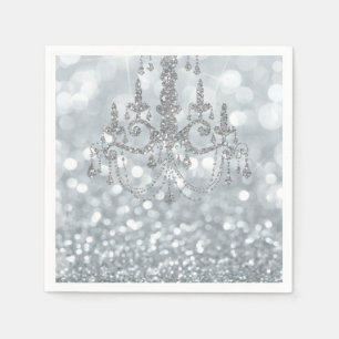White Silver Glitter Bokeh Glam Chandelier Sparkle Napkin