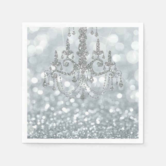 White Silver Glitter Bokeh Glam Chandelier Sparkle Napkin (Front)