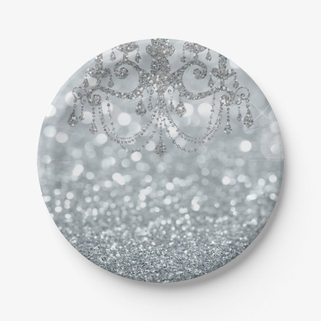 White Silver Glitter Bokeh Glam Chandelier Sparkle Paper Plate (Front)