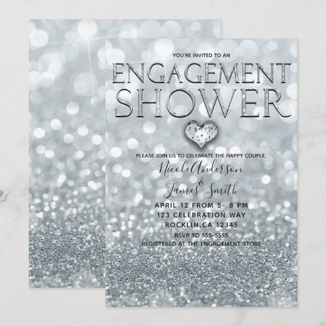 White Silver Glitter Bokeh Glam Engagement Shower Invitation (Front/Back)