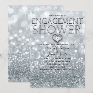 White Silver Glitter Bokeh Glam Engagement Shower Invitation