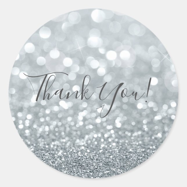 White Silver Glitter Bokeh Glam Sweet 16 Party Classic Round Sticker (Front)