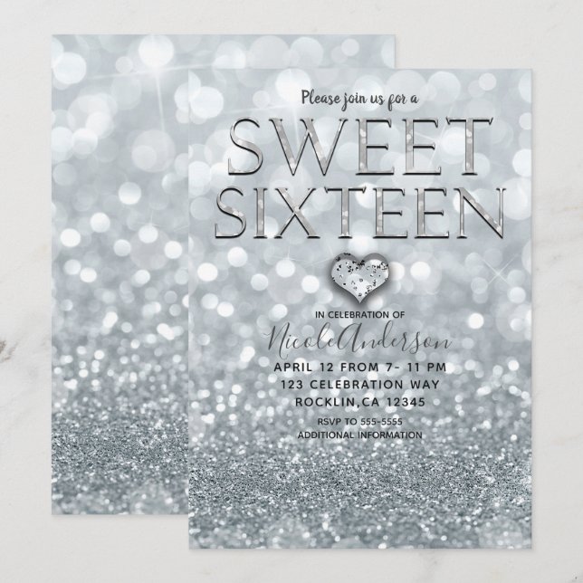 White Silver Glitter Bokeh Glam Sweet 16 Party Invitation (Front/Back)