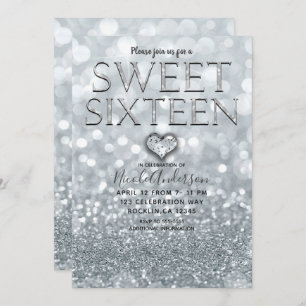 White Silver Glitter Bokeh Glam Sweet 16 Party Invitation