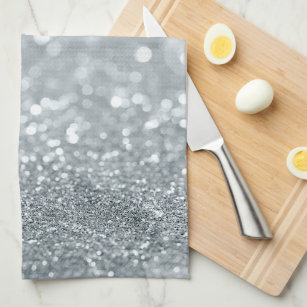 White Silver Glitter Bokeh Glam Trendy Sparkle Kitchen Towel