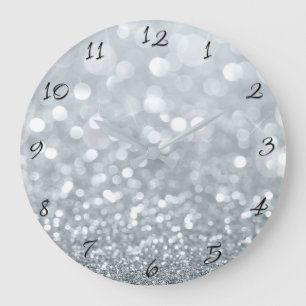 White Silver Glitter Bokeh Glam Trendy Sparkle Large Clock