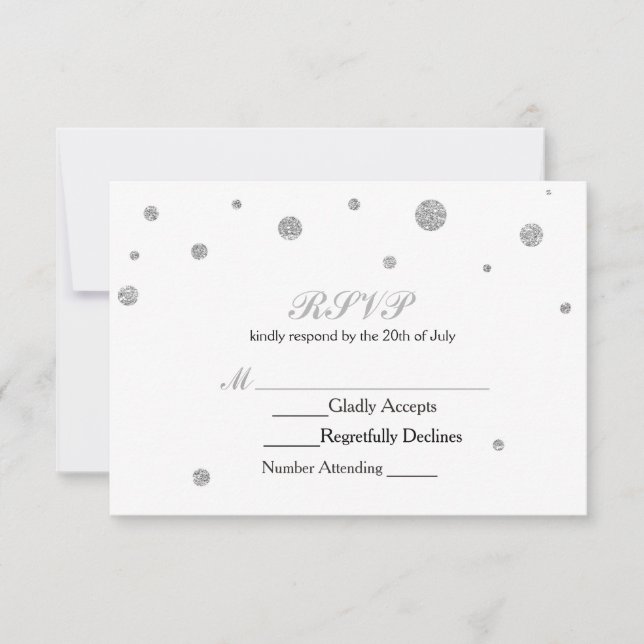 White & Silver Glitter Dots RSVP Wedding Card (Front)