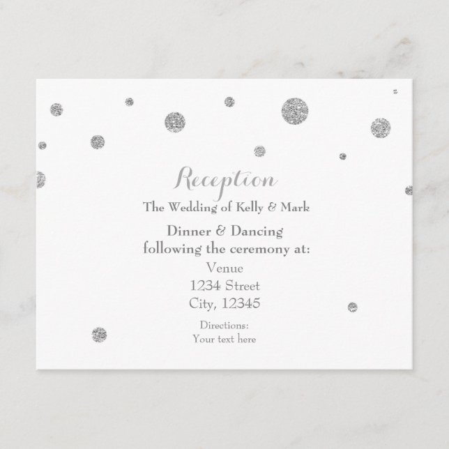 White & Silver Glitter Dots Wedding Reception Card (Front)
