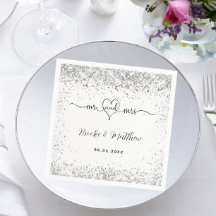 White silver glitter elegant mr mrs heart wedding napkin