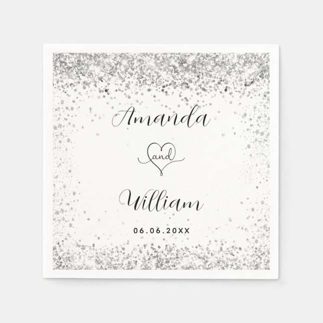 White silver glitter elegant script wedding napkin (Front)
