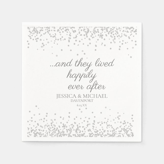 White Silver Glitter Happy Ever After Wedding Napkin (Front)