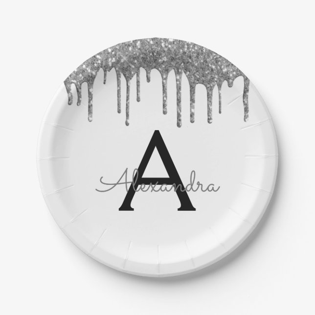 White Silver Glitter Monogram Birthday Paper Plate (Front)