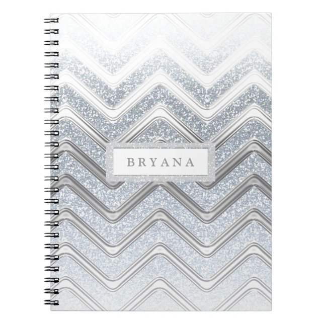 White & Silver Glitter Sparkle Modern Notebook (Front)