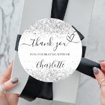 White silver glitter sparkles thank you classic round sticker<br><div class="desc">A chic white background,  decorated with faux silver glitter,  sparkles.  With the text: Thank you for celebrating with me,  with a small heart.   Personalize and add your name.</div>