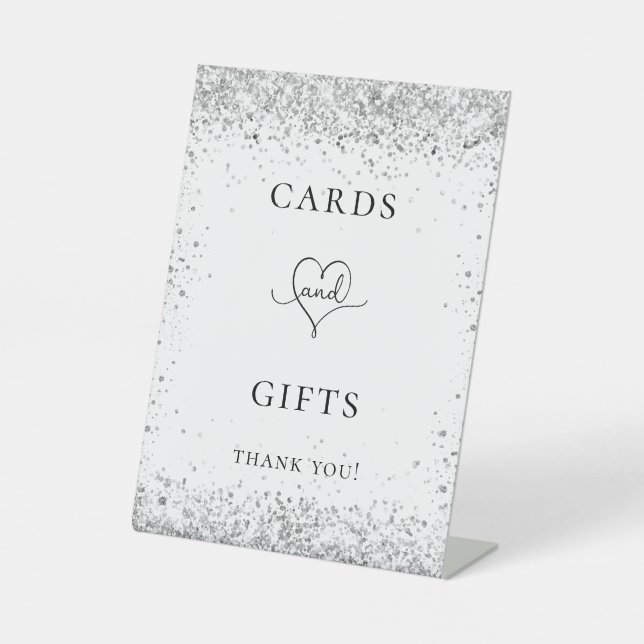 White silver glitter wedding guest card gifts pedestal sign (Front)