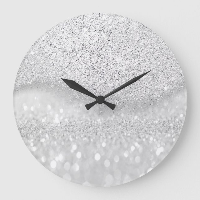 White Silver Gray Glitter Minimal Ombre Glam Large Clock (Front)