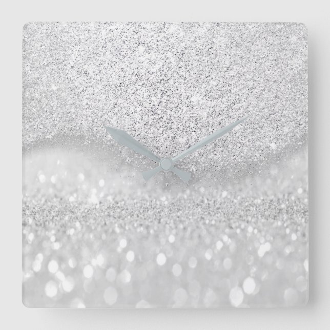 White Silver Grey Glitter Minimal Ombre Elegant Square Wall Clock (Front)