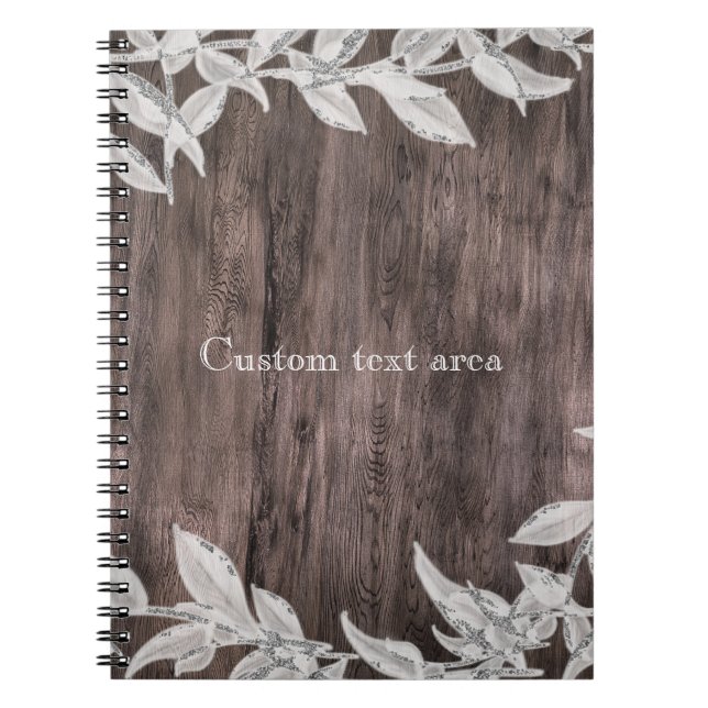 White & Silver Leaves & Rustic Wood Elegant Notebook (Front)
