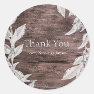 White & Silver Leaves Winter Wedding Rustic Favour Classic Round Sticker