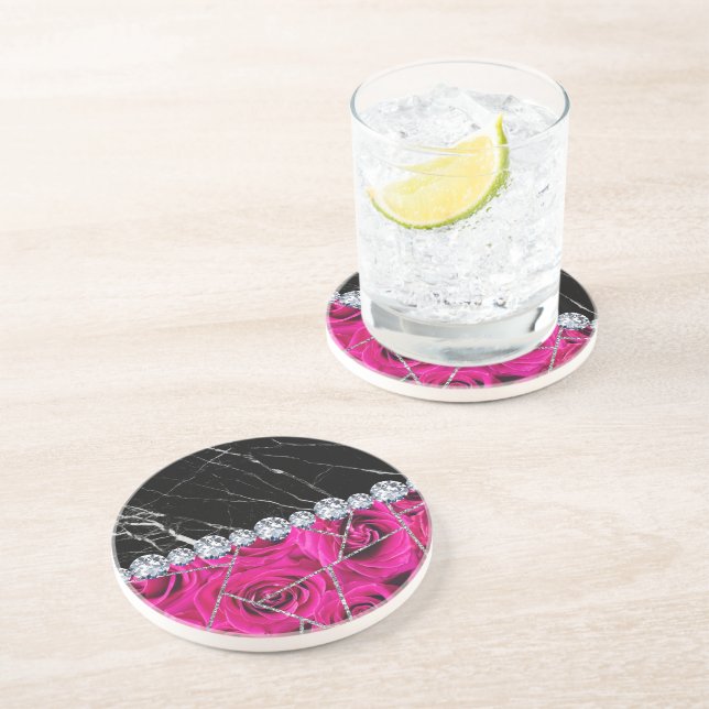 White Silver Marble Rose Black Glitter Coaster (Side)