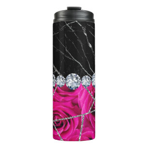 White Silver Marble Rose Black Glitter Thermal Tumbler