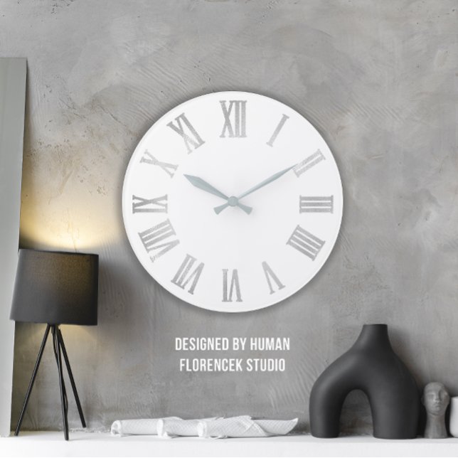 White Silver Metallic Grey Roman Numbers Large Clock (Timeless Elegance with White Silver Metallic Gray Large Clock)