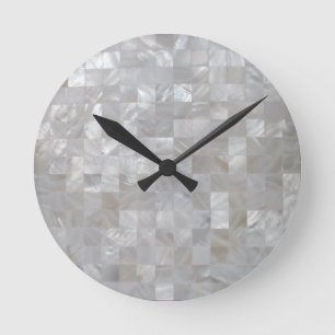 White Silver Mother Of Pearl Tiled Round Clock