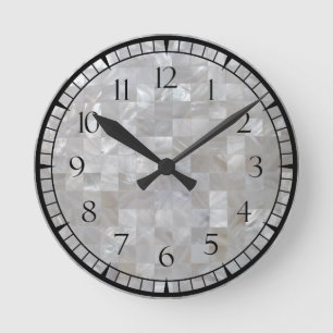White Silver Mother Of Pearl Tiled With Numbers Round Clock
