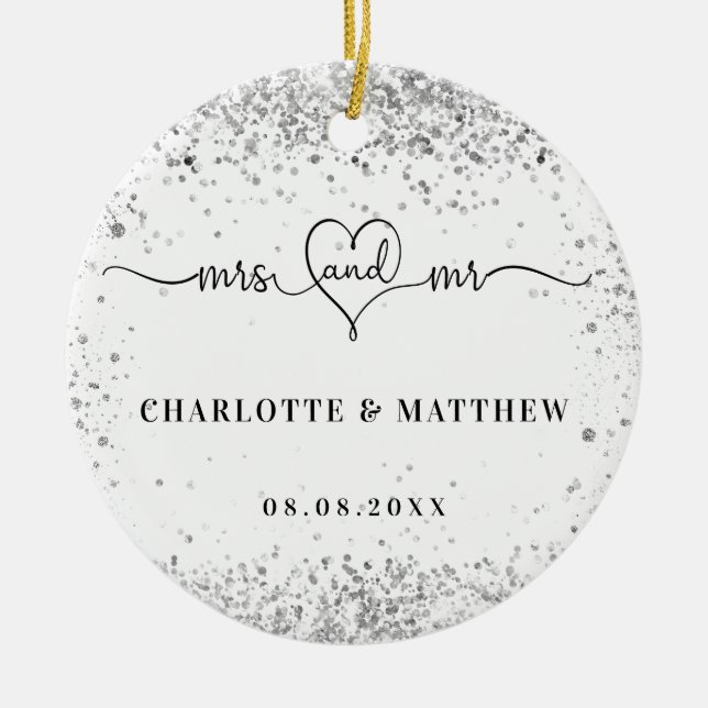 White silver names mr mrs elegant newly weds  ceramic ornament (Front)