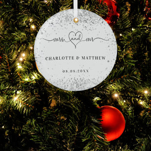 White silver names mr mrs elegant newly weds glass ornament