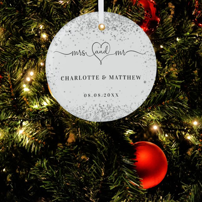 White silver names mr mrs elegant newly weds glass ornament (Creator Uploaded)